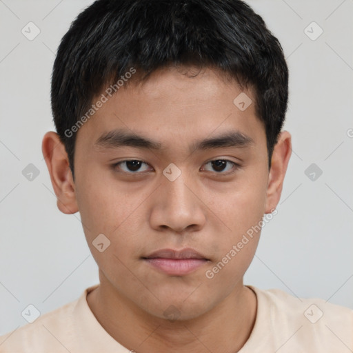 Neutral asian young-adult male with short  brown hair and brown eyes