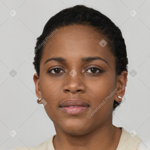 Neutral black young-adult female with short  black hair and brown eyes