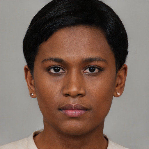 Neutral asian young-adult female with short  black hair and brown eyes
