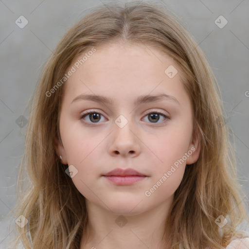 Neutral white child female with medium  brown hair and grey eyes