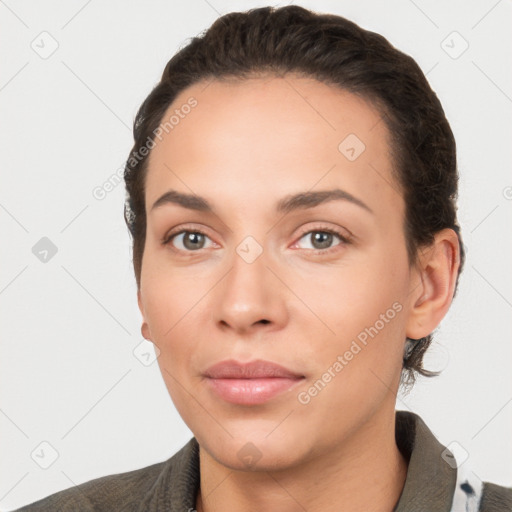 Neutral white young-adult female with short  brown hair and brown eyes