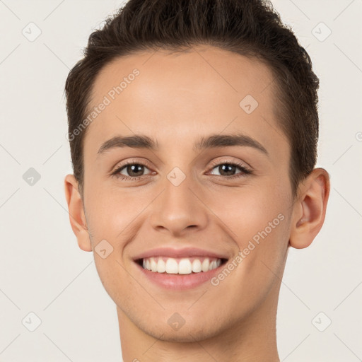 Joyful white young-adult female with short  brown hair and brown eyes