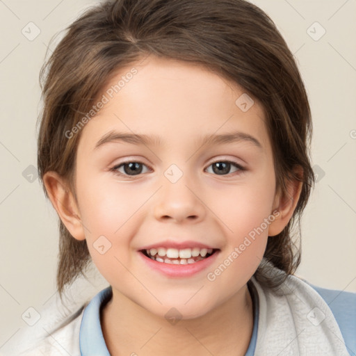 Joyful white child female with medium  brown hair and brown eyes