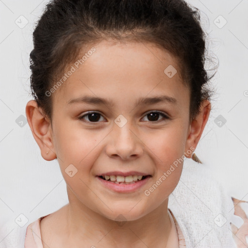 Joyful white child female with short  brown hair and brown eyes