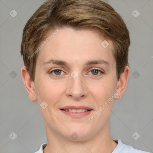 Joyful white young-adult female with short  brown hair and grey eyes