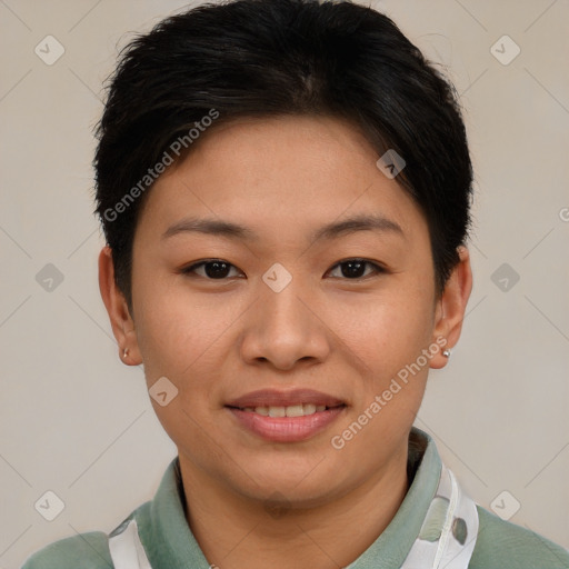Joyful asian young-adult female with short  brown hair and brown eyes