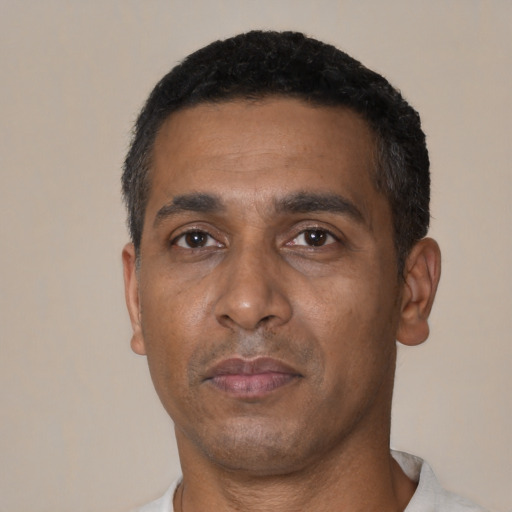 Neutral black adult male with short  black hair and brown eyes