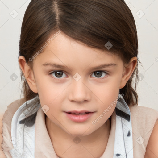 Joyful white child female with medium  brown hair and brown eyes