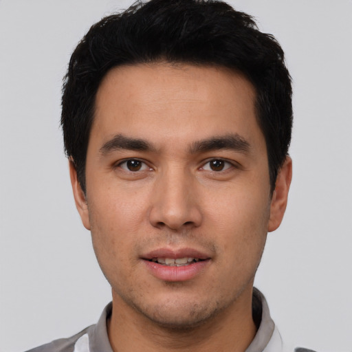 Neutral asian young-adult male with short  black hair and brown eyes