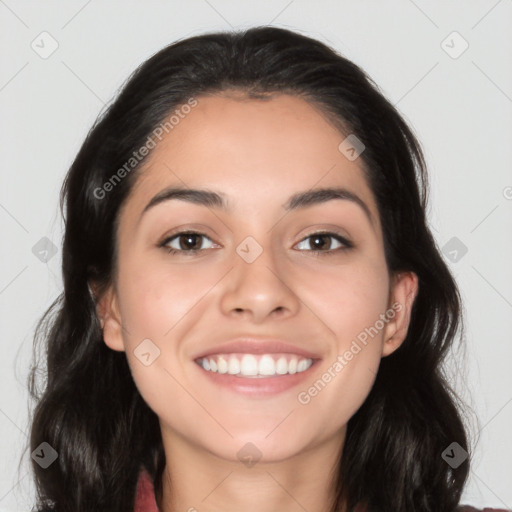 Joyful white young-adult female with long  black hair and brown eyes