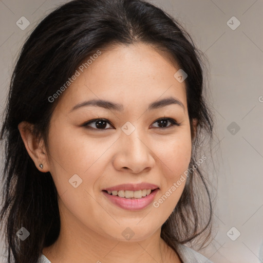 Joyful asian young-adult female with long  brown hair and brown eyes