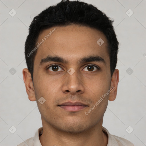 Neutral latino young-adult male with short  black hair and brown eyes