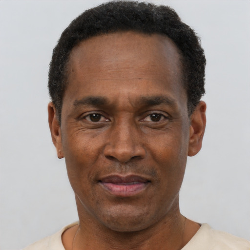 Neutral black adult male with short  brown hair and brown eyes