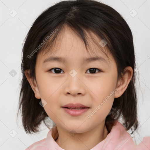 Joyful white child female with medium  brown hair and brown eyes