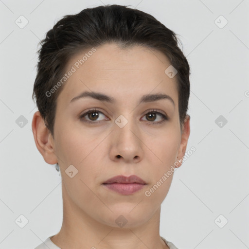 Neutral white young-adult female with short  brown hair and brown eyes