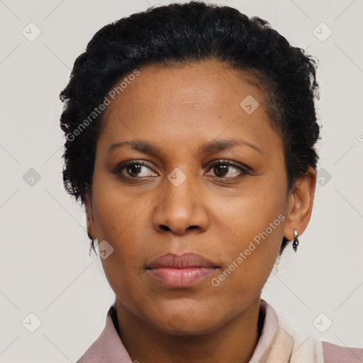Neutral black young-adult female with short  brown hair and brown eyes