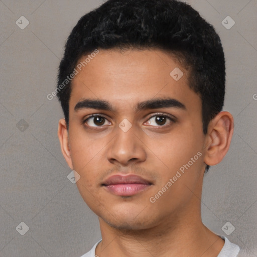 Neutral latino young-adult male with short  black hair and brown eyes