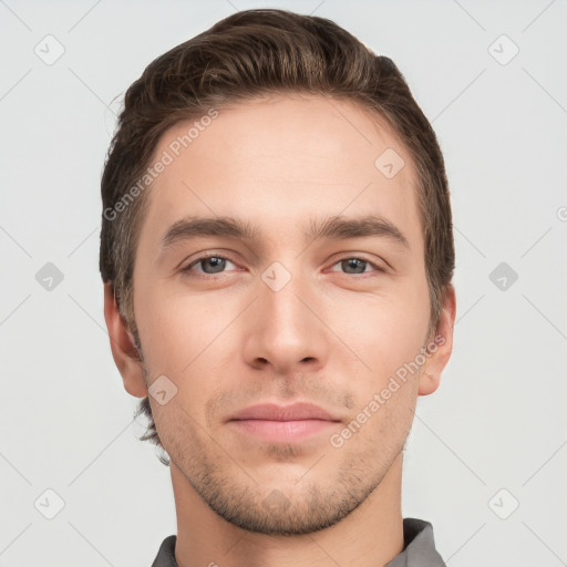 Neutral white young-adult male with short  brown hair and brown eyes