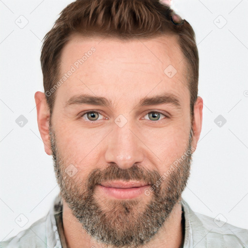 Joyful white adult male with short  brown hair and grey eyes