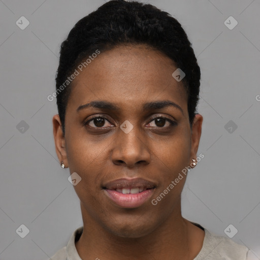 Joyful black young-adult female with short  black hair and brown eyes