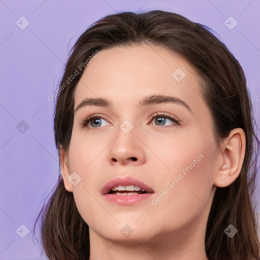 Neutral white young-adult female with medium  brown hair and brown eyes