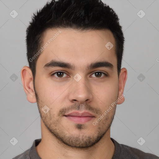 Neutral white young-adult male with short  brown hair and brown eyes