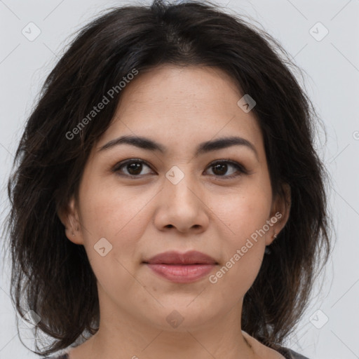 Joyful white adult female with medium  brown hair and brown eyes