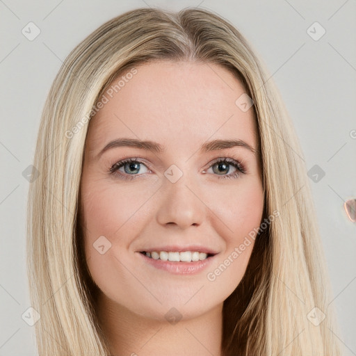 Joyful white young-adult female with long  brown hair and grey eyes