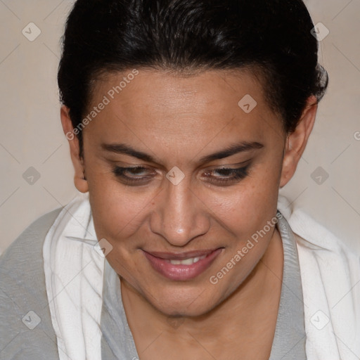 Joyful white adult female with short  brown hair and brown eyes