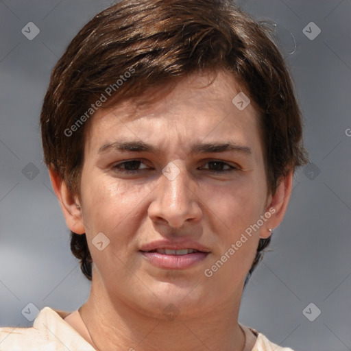 Joyful white adult female with medium  brown hair and brown eyes