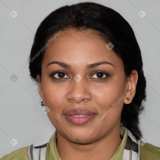 Joyful white young-adult female with medium  black hair and brown eyes