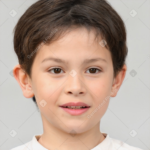 Joyful white child male with short  brown hair and brown eyes