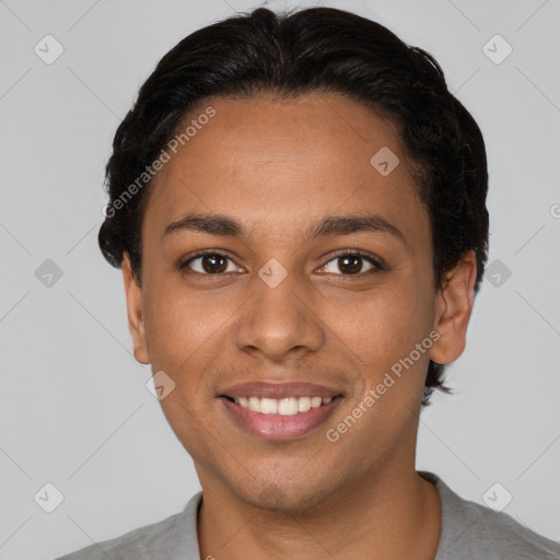 Joyful latino young-adult female with short  brown hair and brown eyes