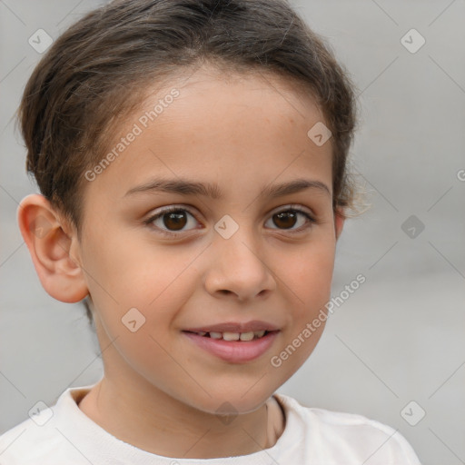 Joyful white child female with short  brown hair and brown eyes