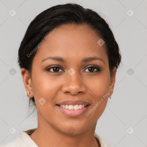 Joyful latino young-adult female with short  brown hair and brown eyes