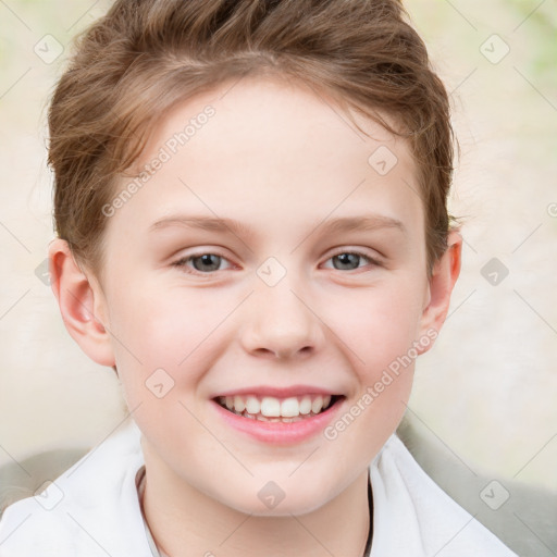 Joyful white child female with short  brown hair and brown eyes