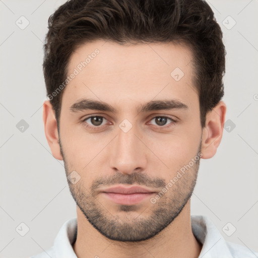 Neutral white young-adult male with short  brown hair and brown eyes