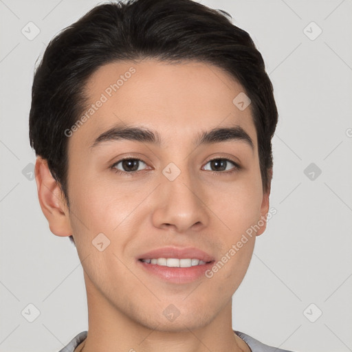 Joyful white young-adult male with short  brown hair and brown eyes