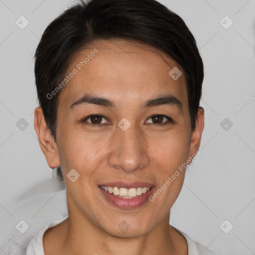 Joyful white young-adult female with short  brown hair and brown eyes