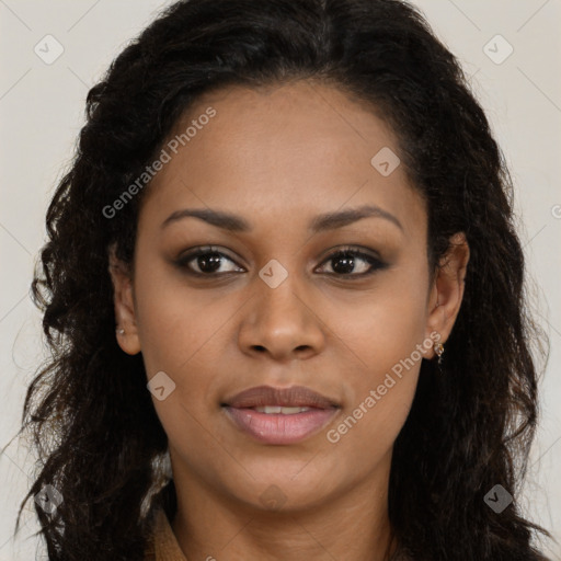 Joyful black young-adult female with long  brown hair and brown eyes