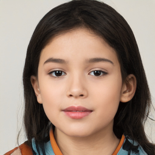 Neutral latino child female with long  brown hair and brown eyes