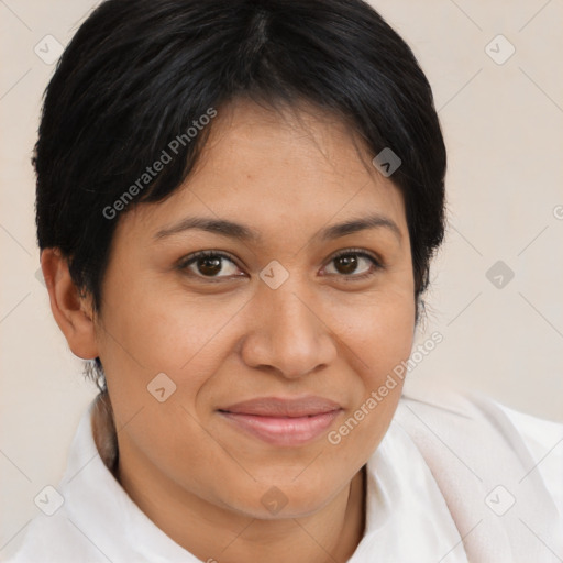 Joyful latino young-adult female with short  brown hair and brown eyes