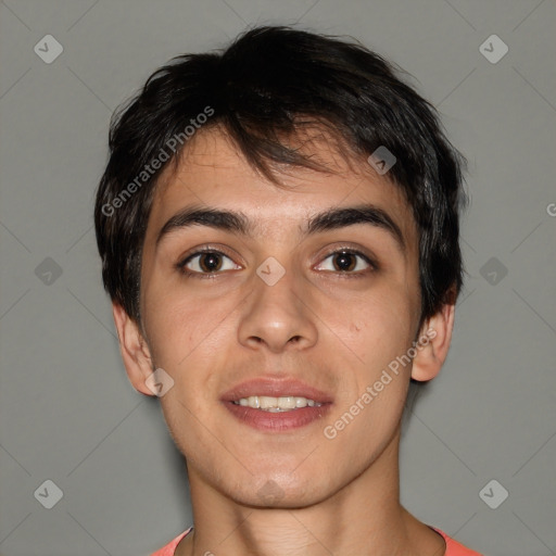 Joyful white young-adult male with short  black hair and brown eyes