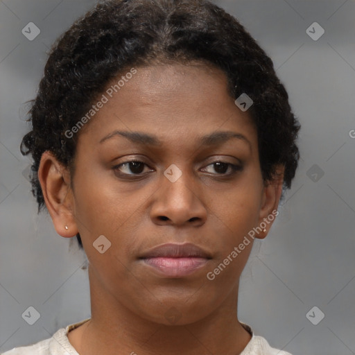 Neutral black young-adult female with short  brown hair and brown eyes