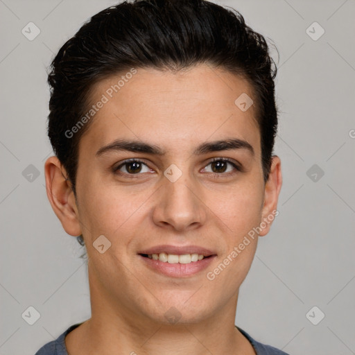 Joyful white young-adult male with short  brown hair and brown eyes