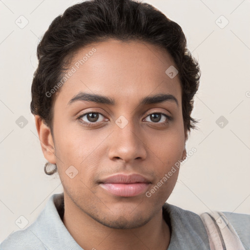 Neutral white young-adult male with short  brown hair and brown eyes