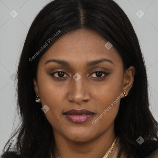 Joyful latino young-adult female with long  brown hair and brown eyes