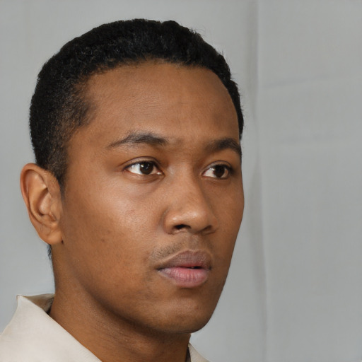 Neutral black young-adult male with short  black hair and brown eyes