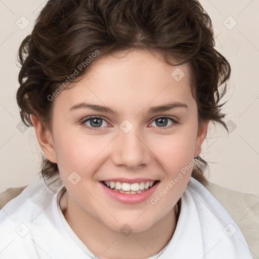 Joyful white child female with medium  brown hair and brown eyes