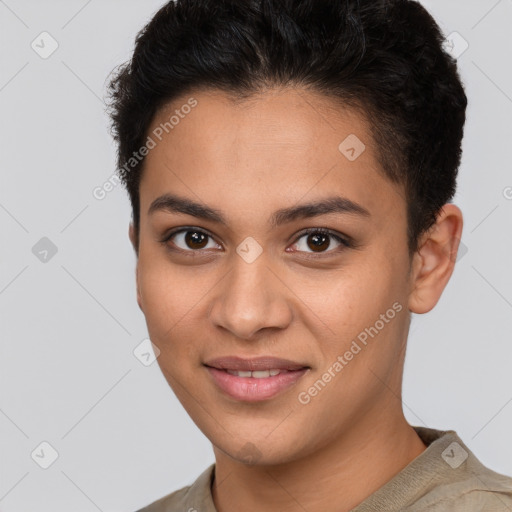 Joyful latino young-adult female with short  brown hair and brown eyes